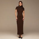 Dark Brown Draped Neck Crepe Dress - shopaleena