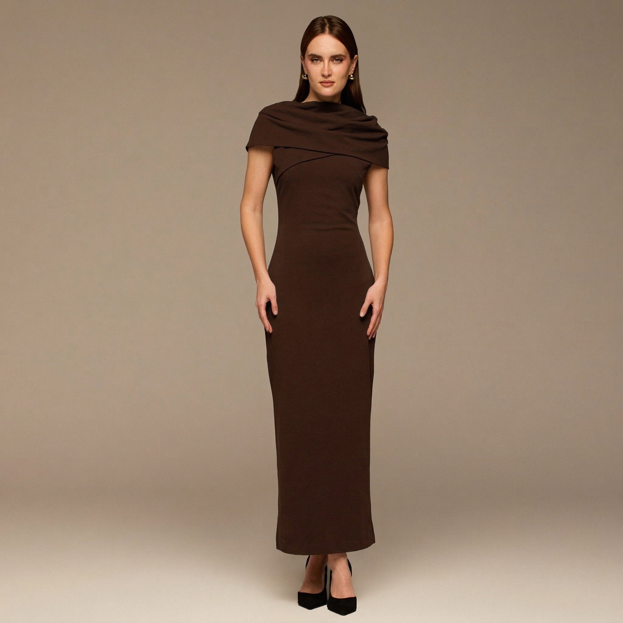 Dark Brown Draped Neck Crepe Dress - shopaleena