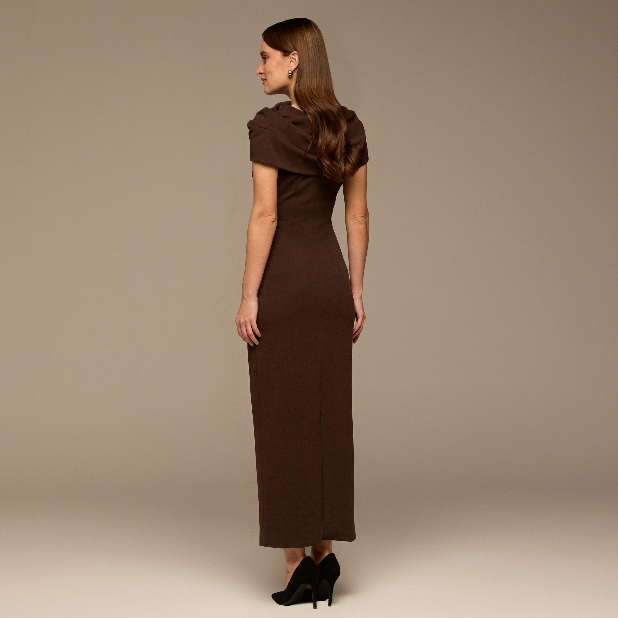 Dark Brown Draped Neck Crepe Dress - shopaleena