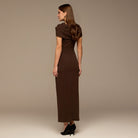 Dark Brown Draped Neck Crepe Dress - shopaleena