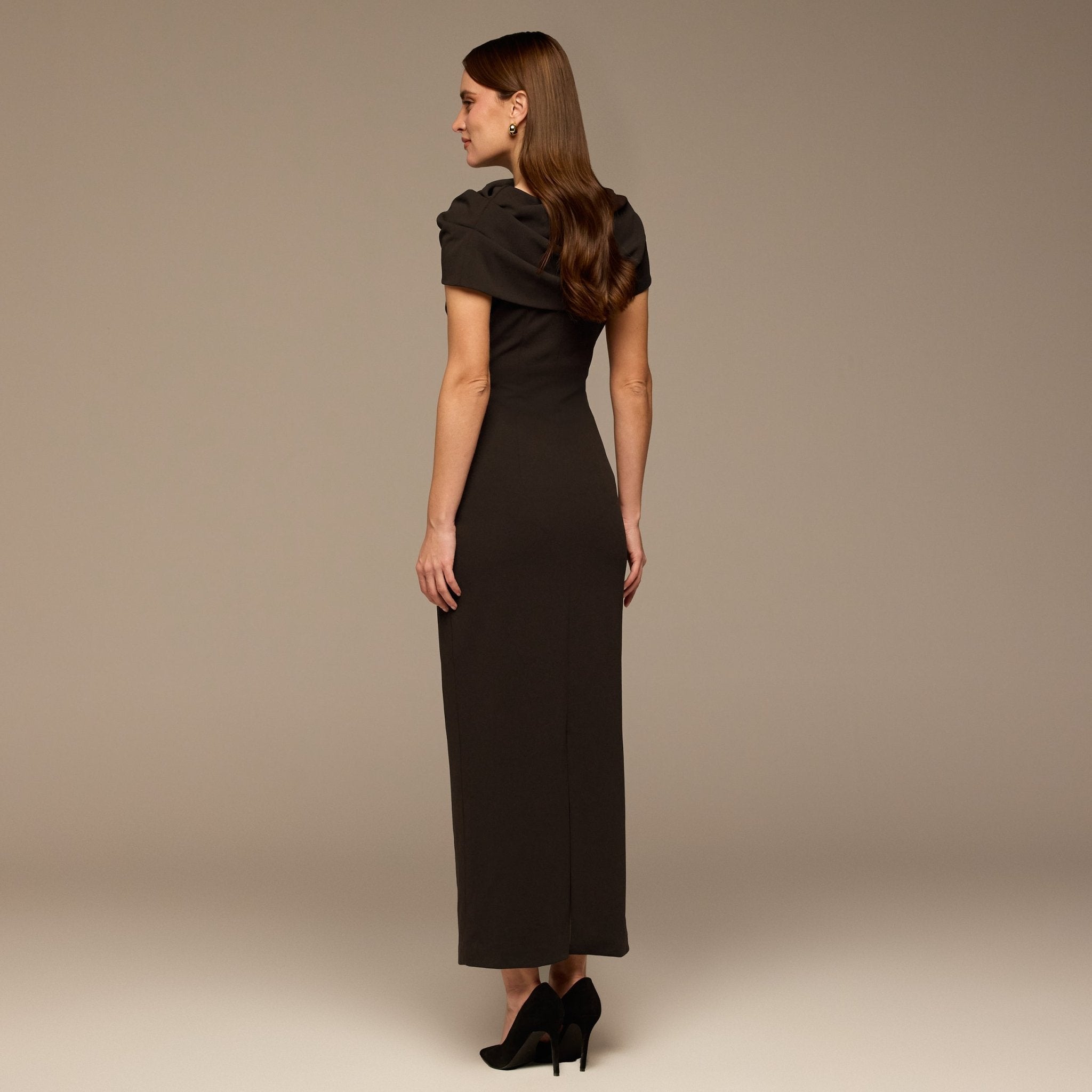 Dark Brown Draped Neck Crepe Dress - shopaleena