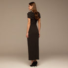 Dark Brown Draped Neck Crepe Dress - shopaleena
