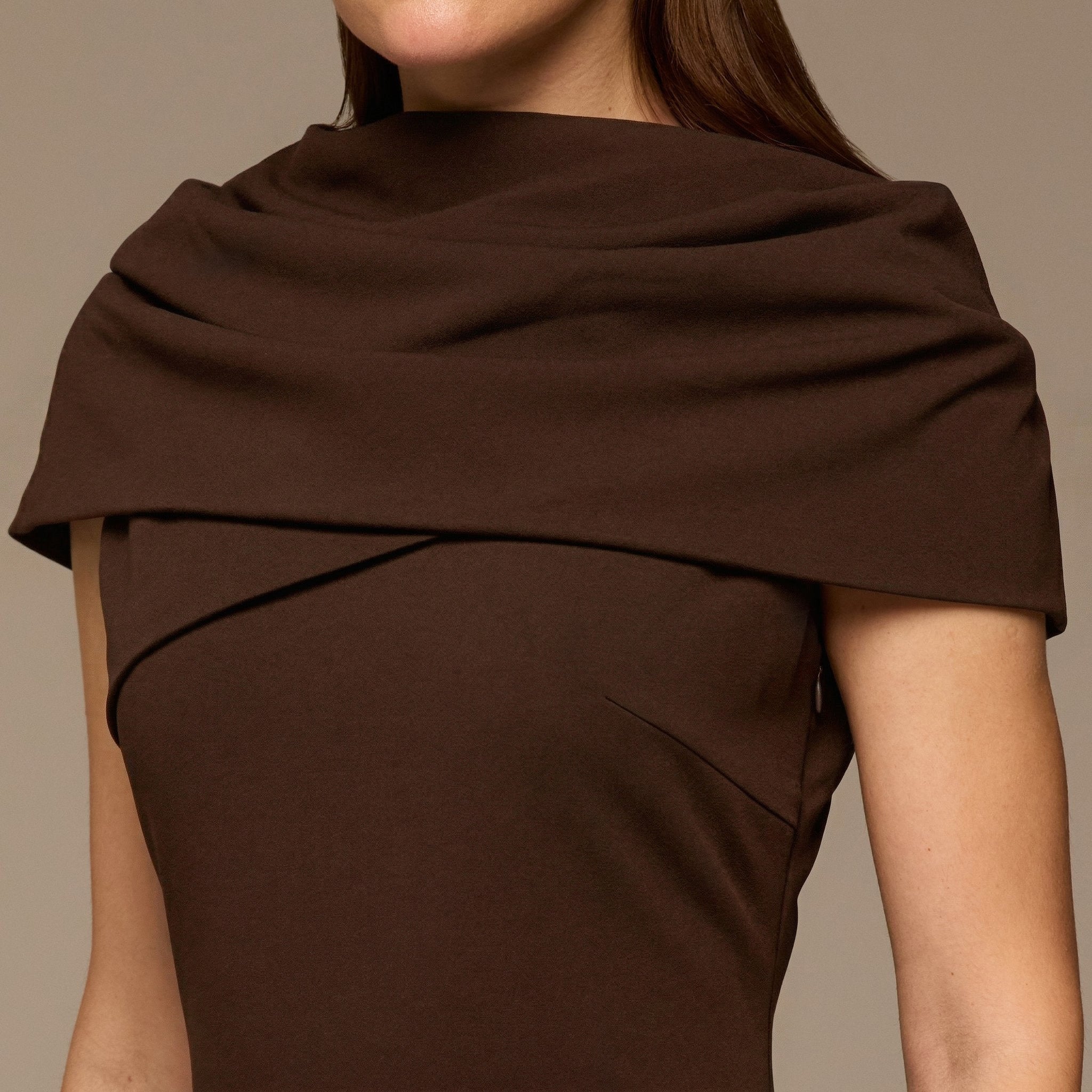 Dark Brown Draped Neck Crepe Dress - shopaleena