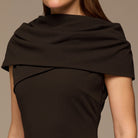 Dark Brown Draped Neck Crepe Dress - shopaleena