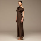 Dark Brown Draped Neckline Satin Maxi Dress - shopaleena