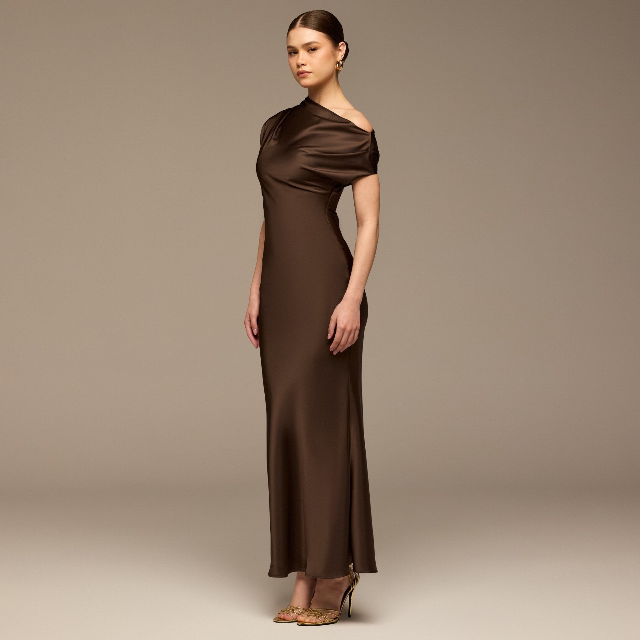 Dark Brown Draped Neckline Satin Maxi Dress - shopaleena