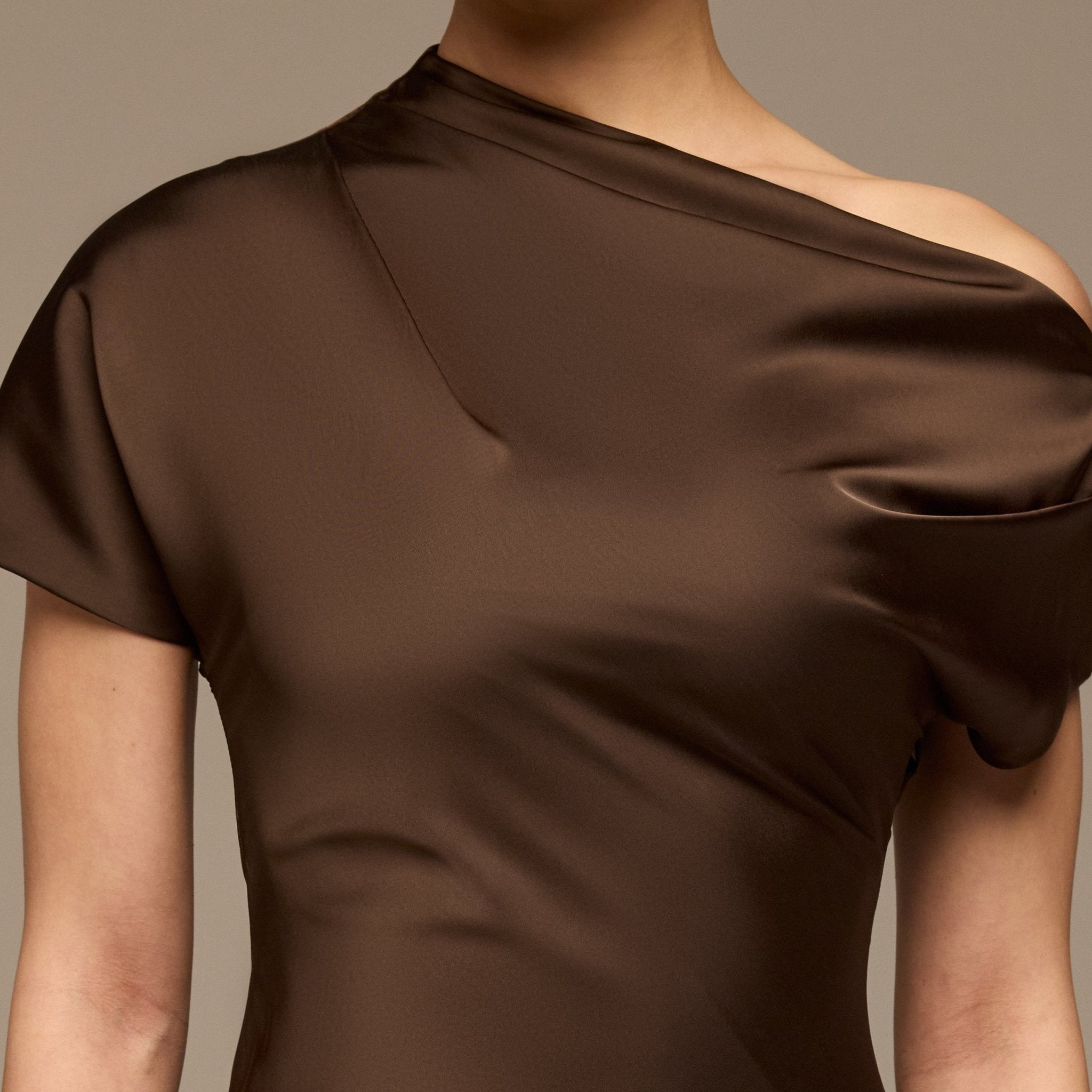 Dark Brown Draped Neckline Satin Maxi Dress - shopaleena