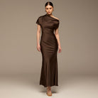 Dark Brown Draped Neckline Satin Maxi Dress - shopaleena