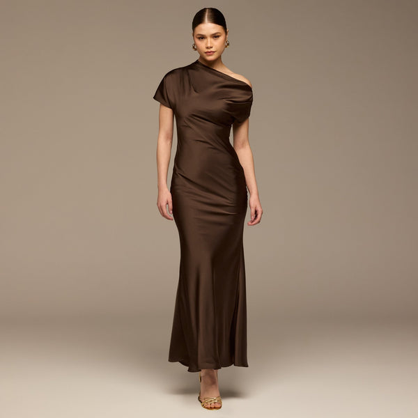 Dark Brown Draped Neckline Satin Maxi Dress shopaleena Dark Brown Draped Neckline Satin Maxi Dress shopaleena