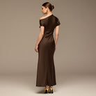 Dark Brown Draped Neckline Satin Maxi Dress - shopaleena