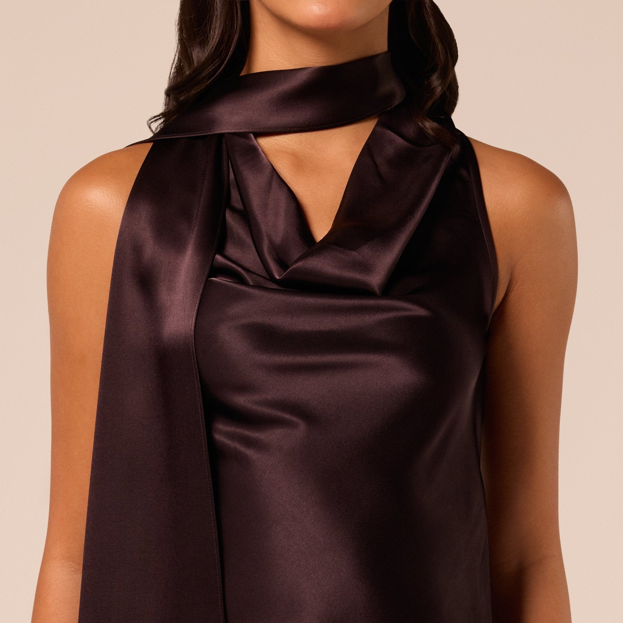 Dark Brown Draped Satin Top - shopaleena
