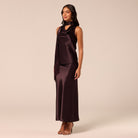 Dark Brown Draped Satin Top - shopaleena