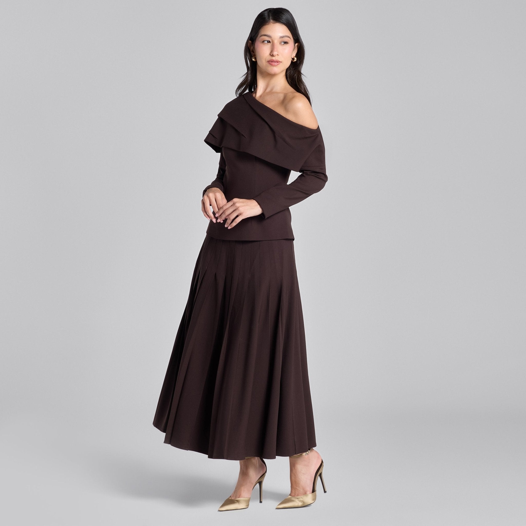 Dark Brown Dropped Shoulder Long Sleeve Top - shopaleena