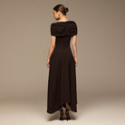 Dark Brown Dropped Waist Crepe Dress - shopaleena