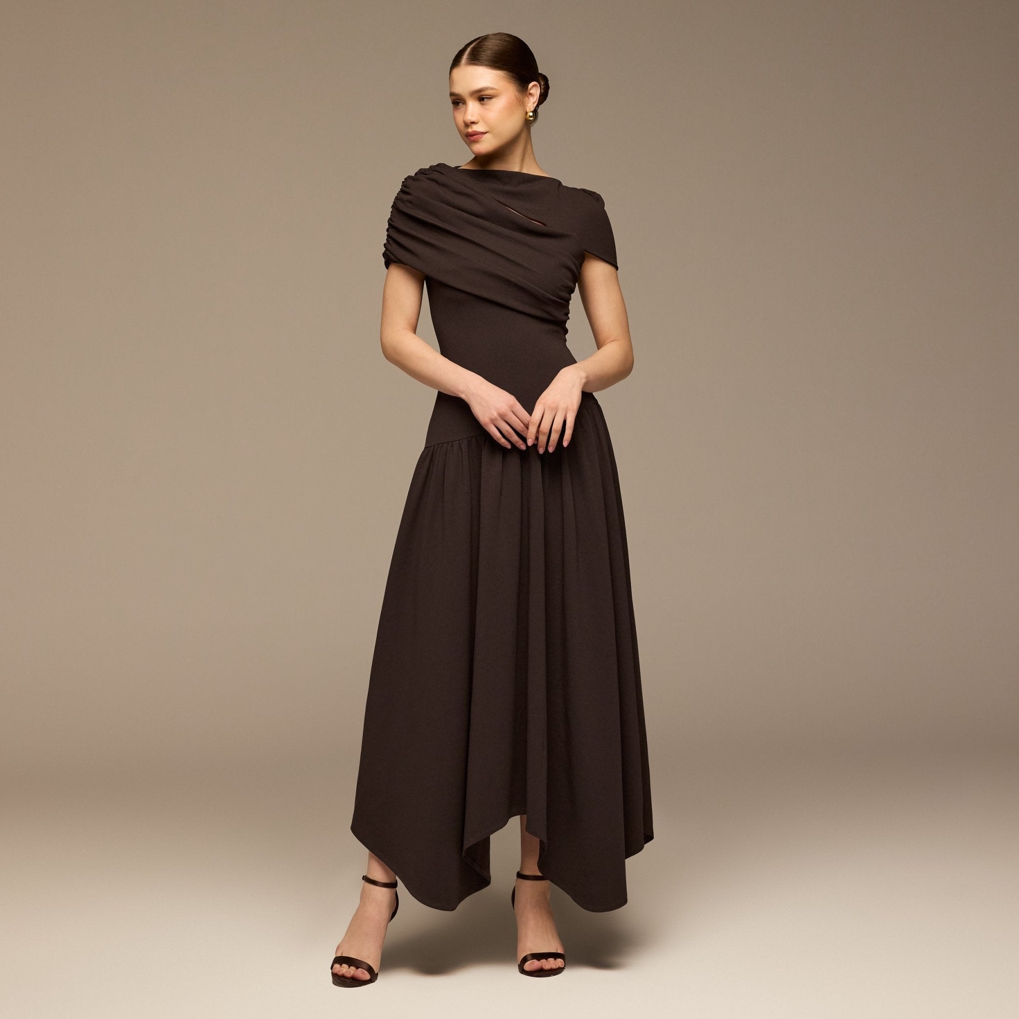 Dark Brown Dropped Waist Crepe Dress - shopaleena