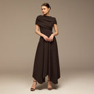 Dark Brown Dropped Waist Crepe Dress - shopaleena