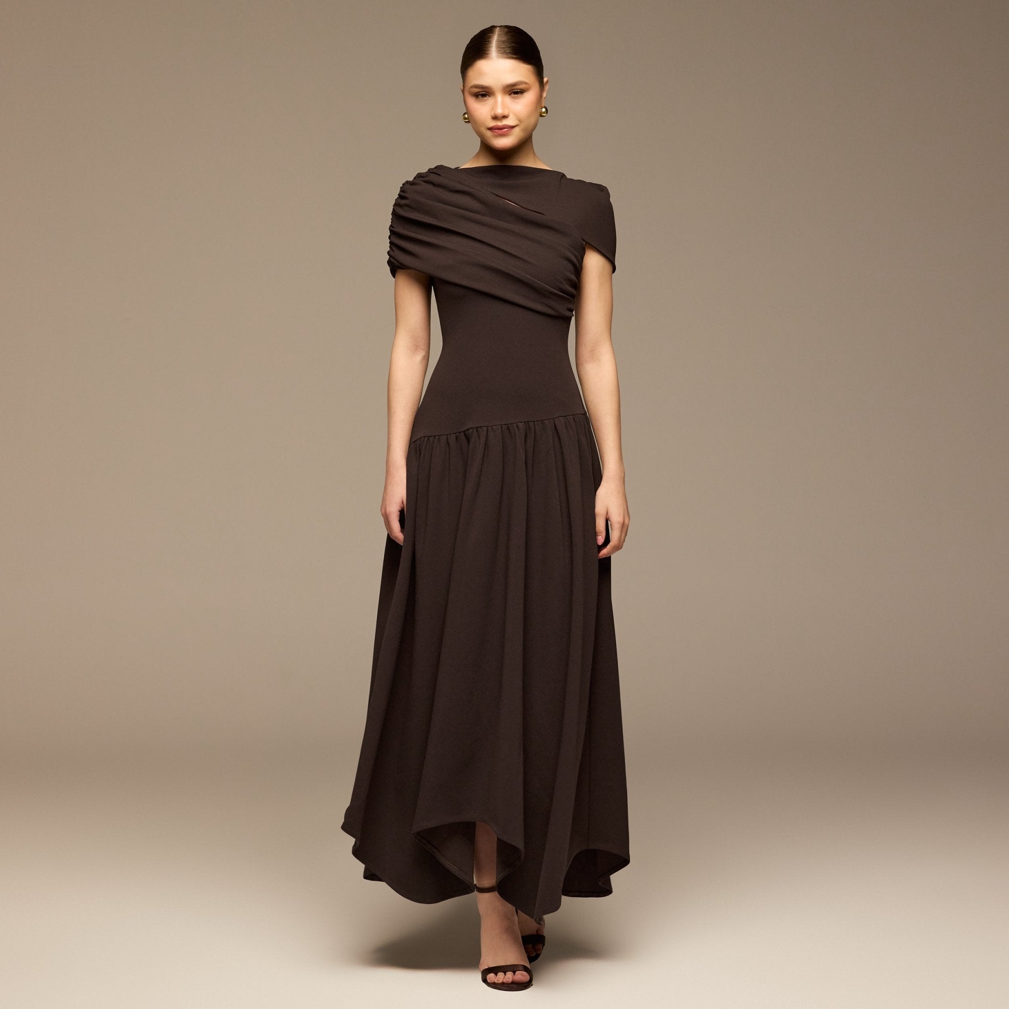 Dark Brown Dropped Waist Crepe Dress - shopaleena