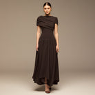 Dark Brown Dropped Waist Crepe Dress - shopaleena