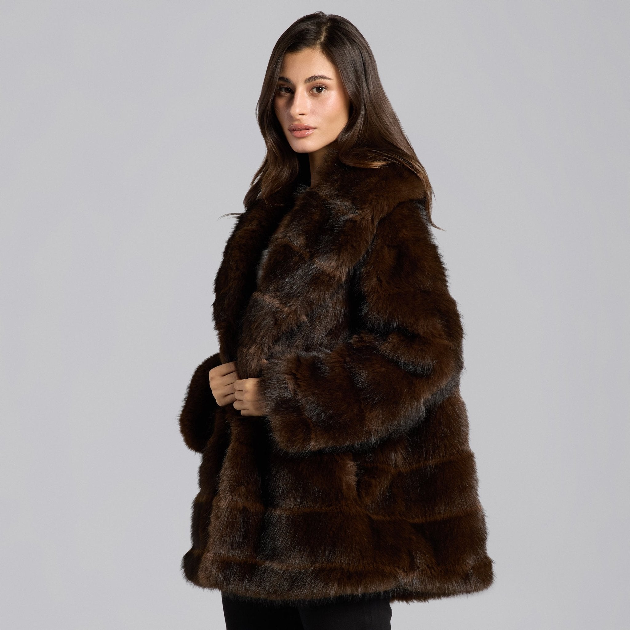 Dark Brown Faux Sable Fur Coat - shopaleena