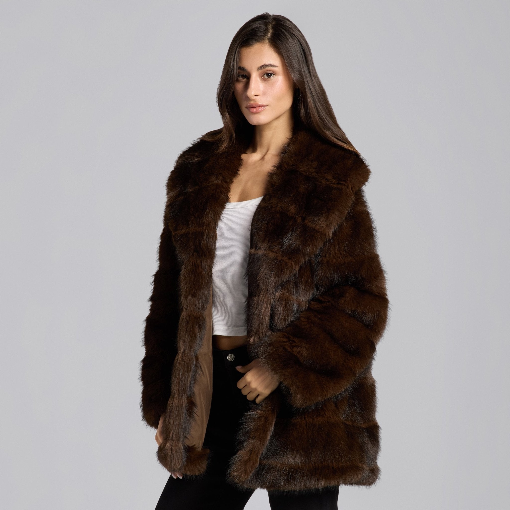 Dark Brown Faux Sable Fur Coat - shopaleena