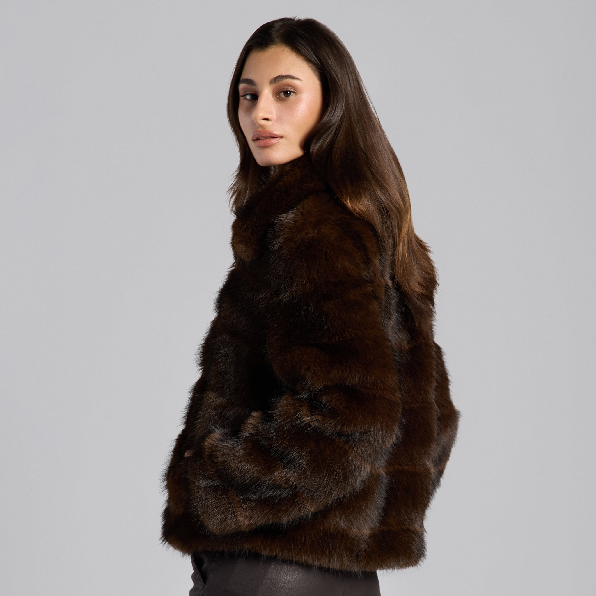 Dark Brown Faux Sable Fur Jacket - shopaleena
