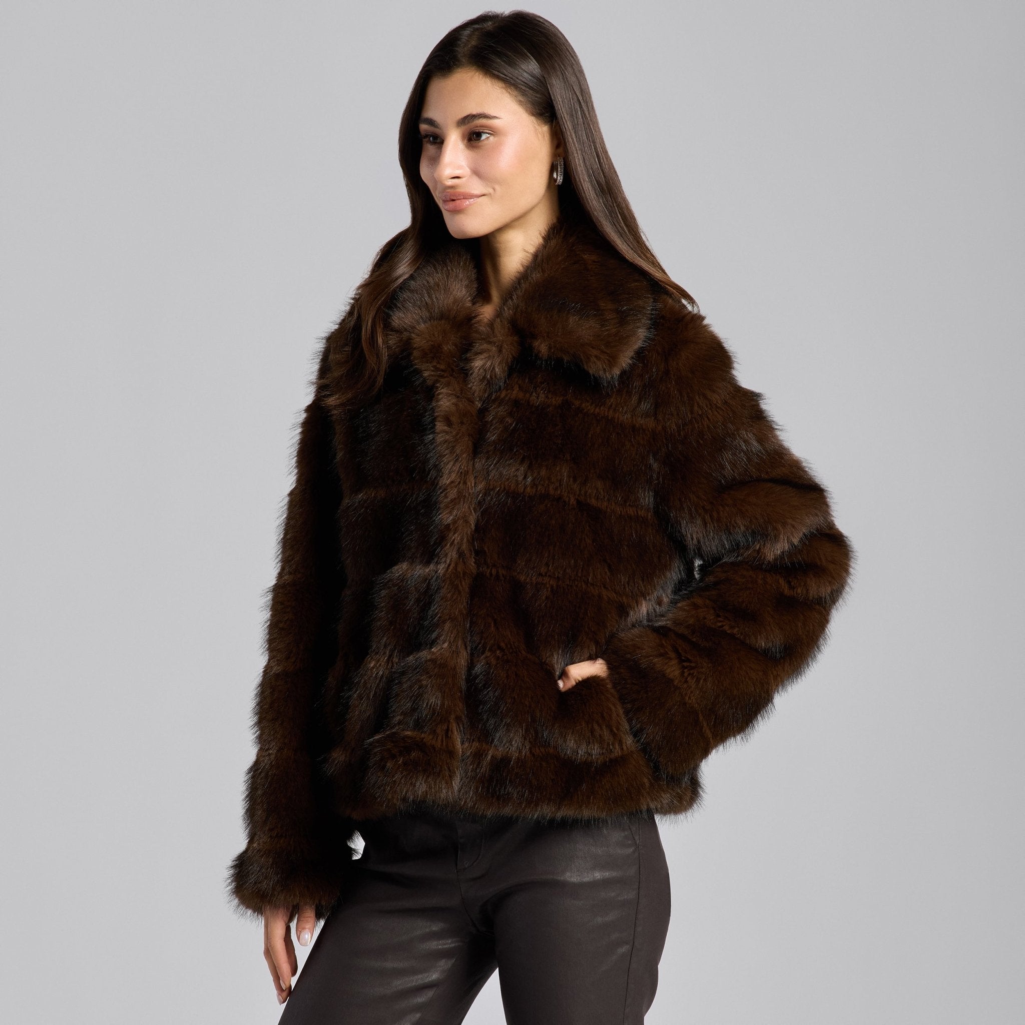 Dark Brown Faux Sable Fur Jacket - shopaleena