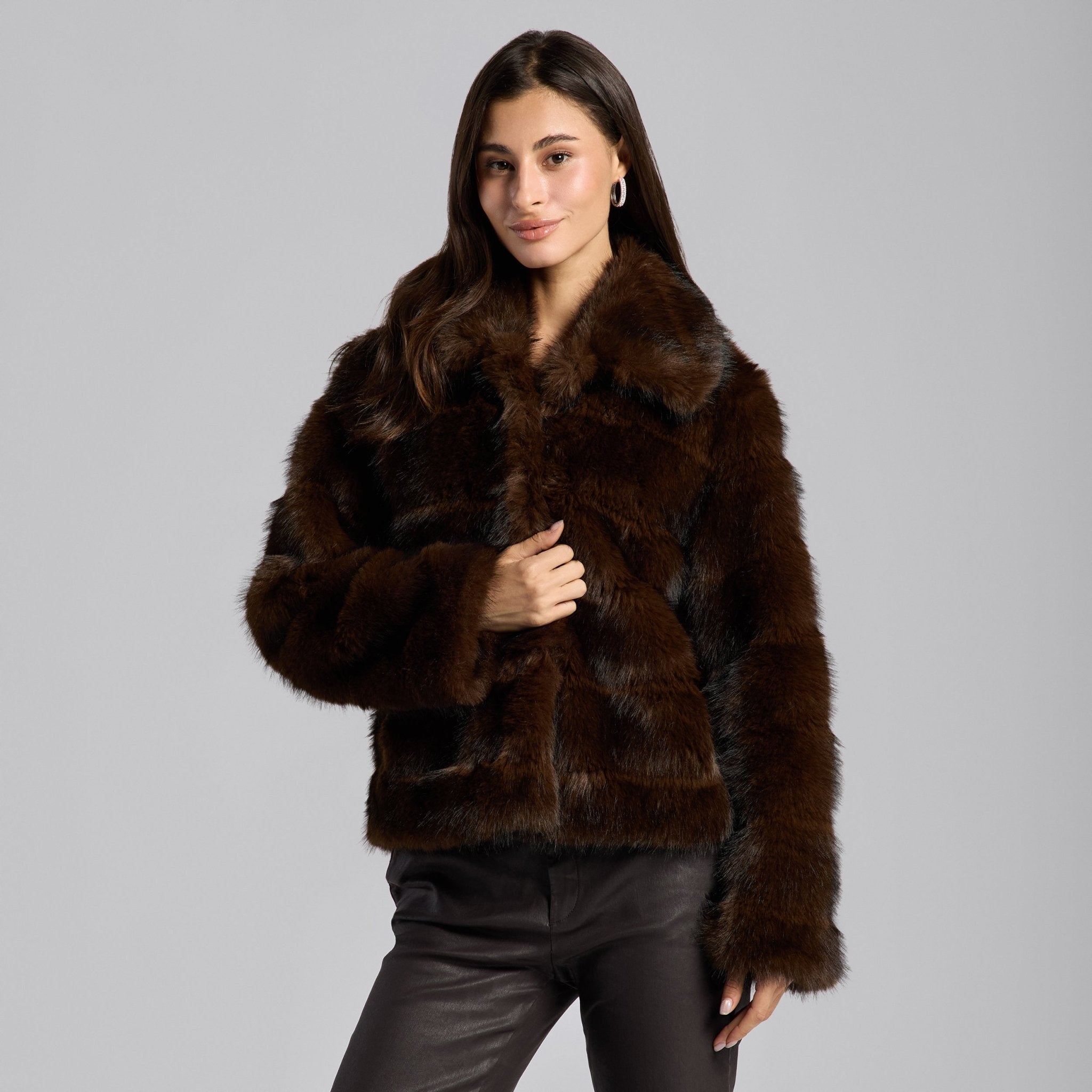 Dark Brown Faux Sable Fur Jacket - shopaleena