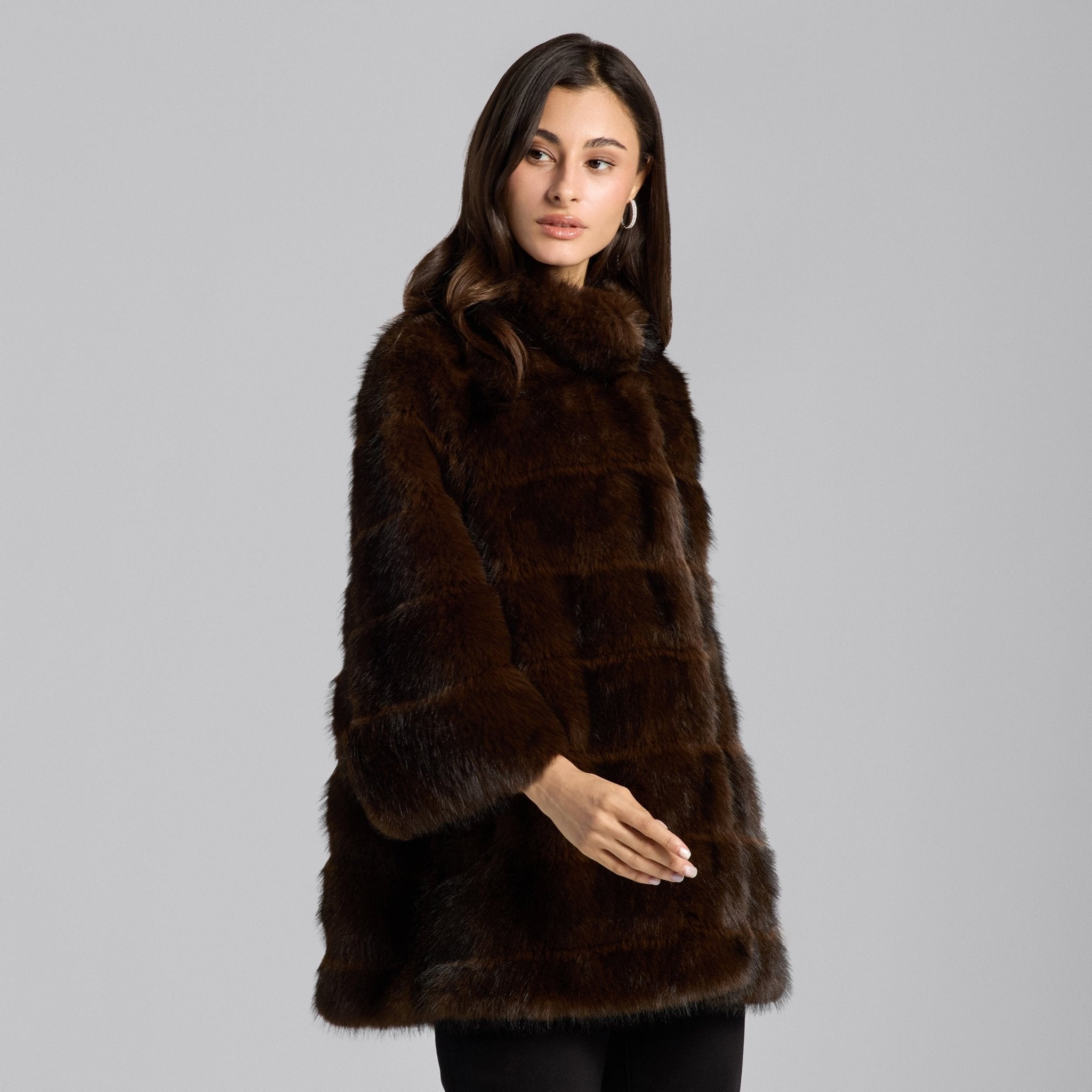 Dark Brown Faux Sable Fur Wide Collar Coat - shopaleena