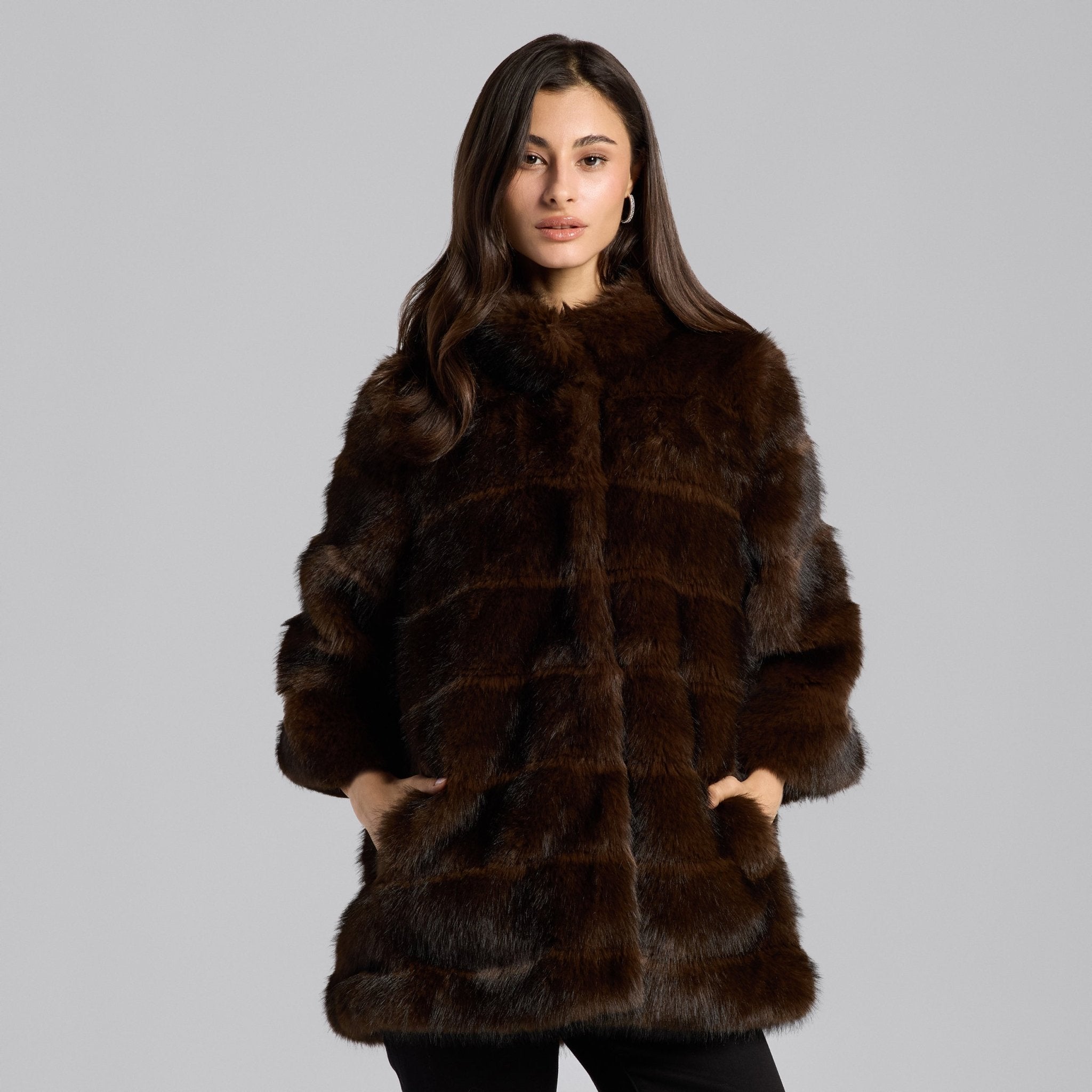 Dark Brown Faux Sable Fur Wide Collar Coat - shopaleena