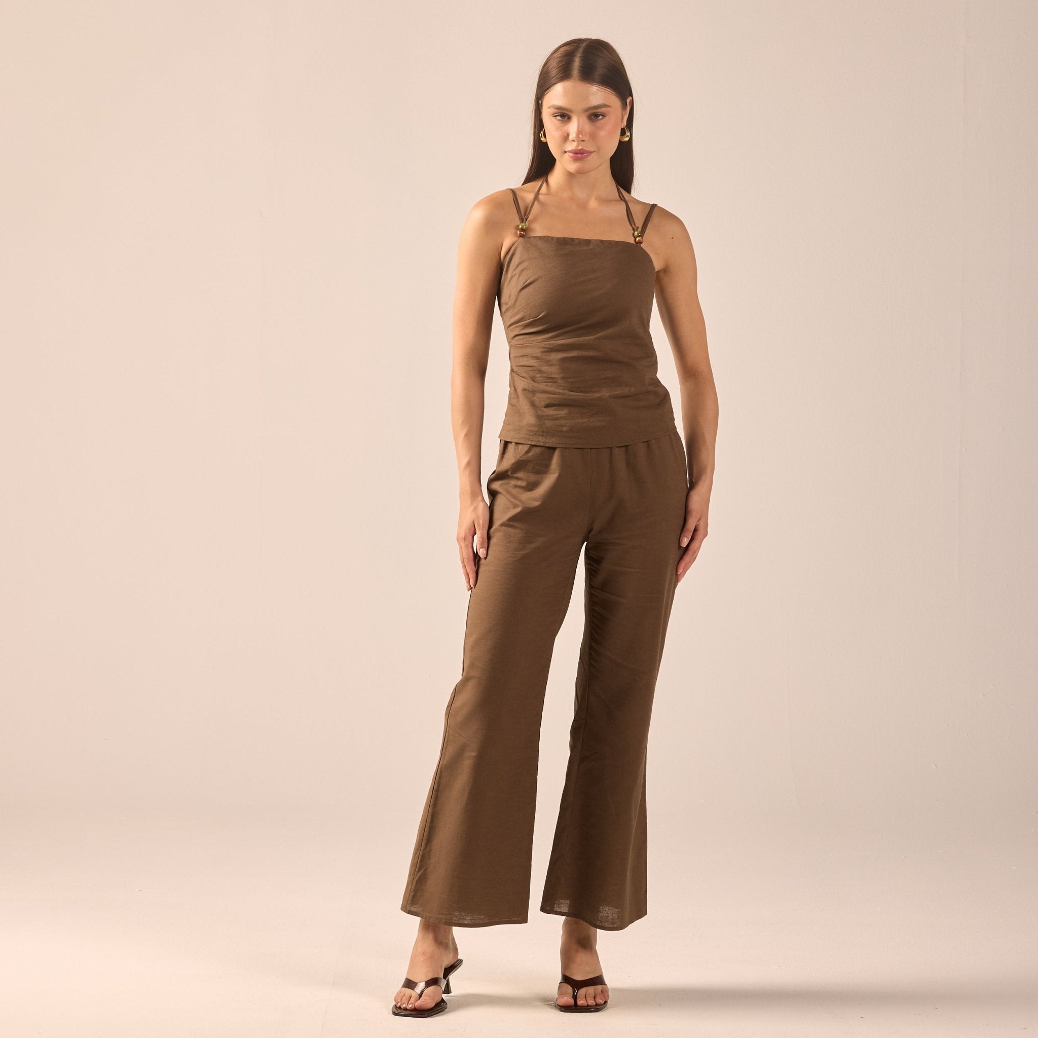 Dark Brown Linen Flare Pants - shopaleena