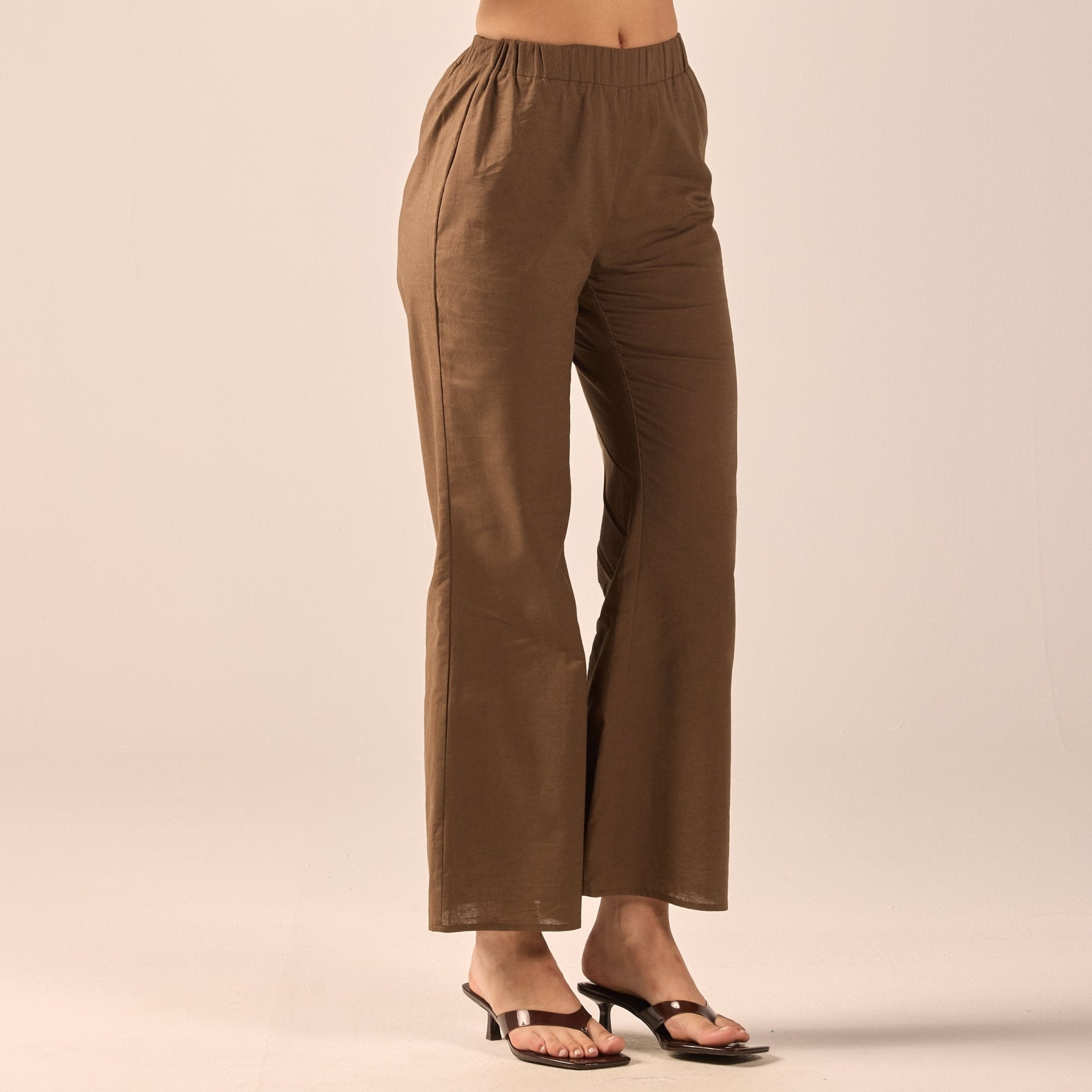 Dark Brown Linen Flare Pants - shopaleena
