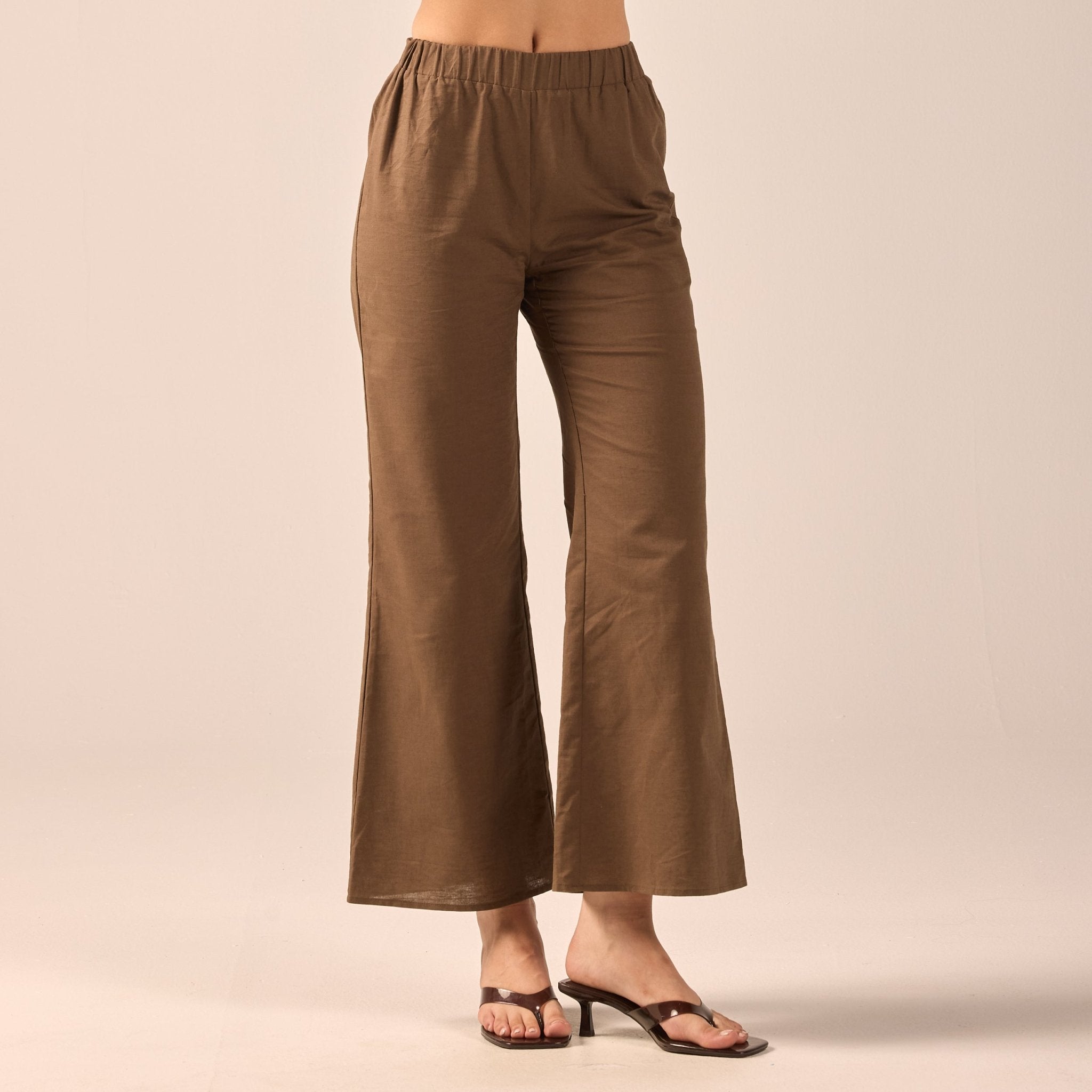Dark Brown Linen Flare Pants - shopaleena