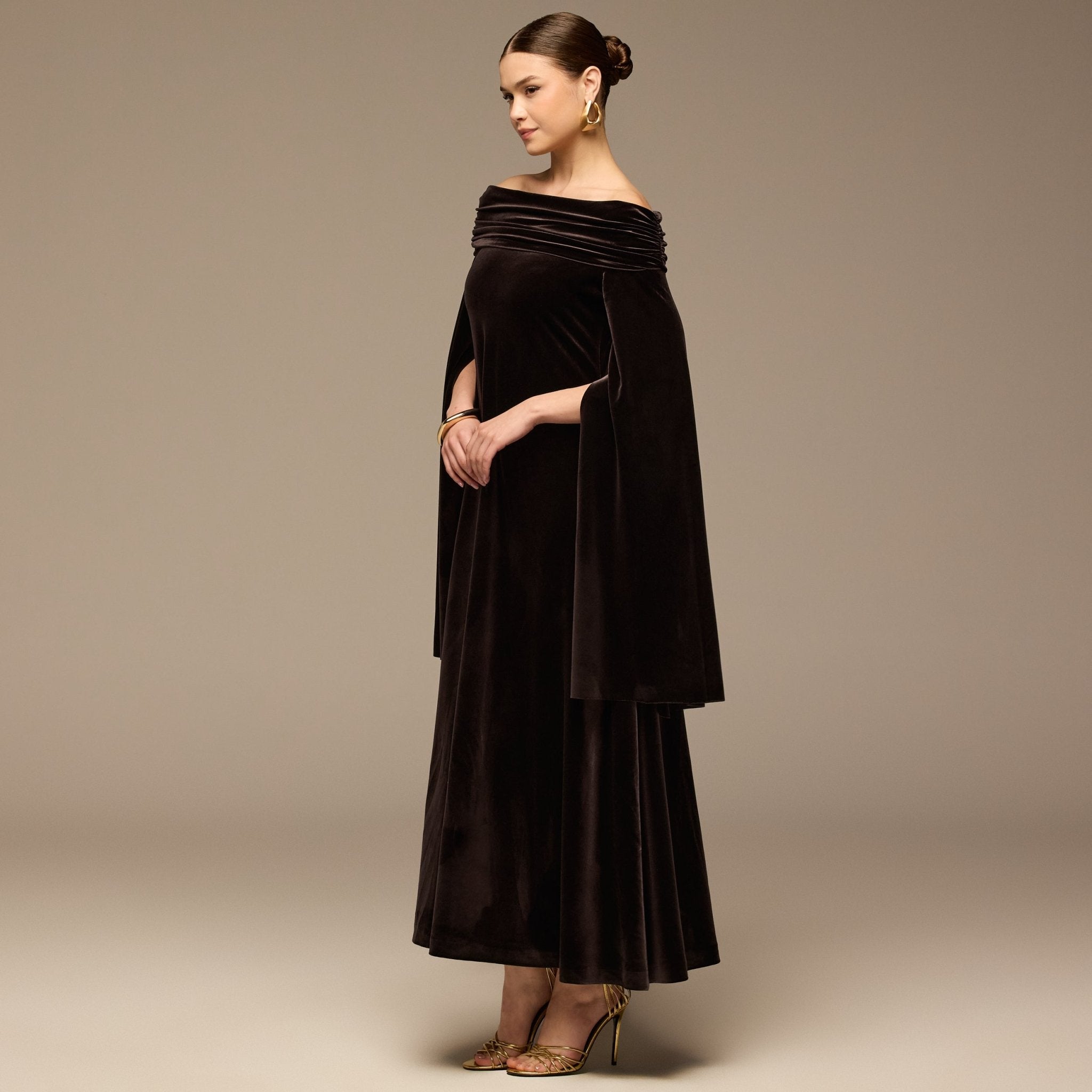 Dark Brown Off - Shoulder Draped Velvet Dress - shopaleena