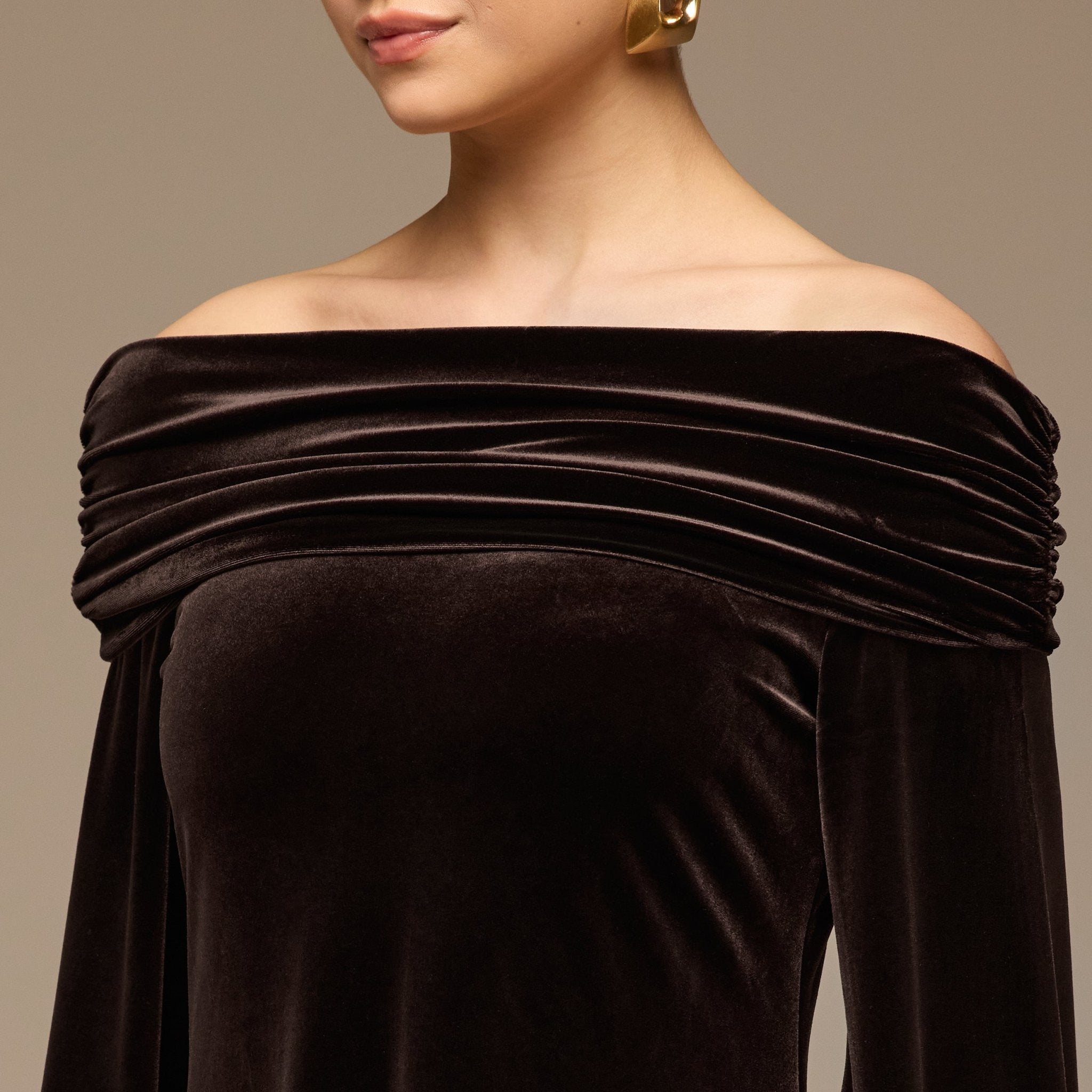 Dark Brown Off - Shoulder Draped Velvet Dress - shopaleena