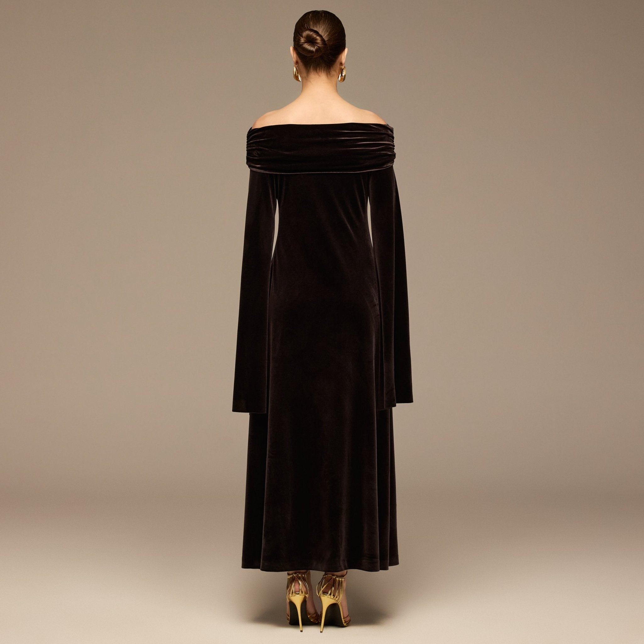 Dark Brown Off - Shoulder Draped Velvet Dress - shopaleena