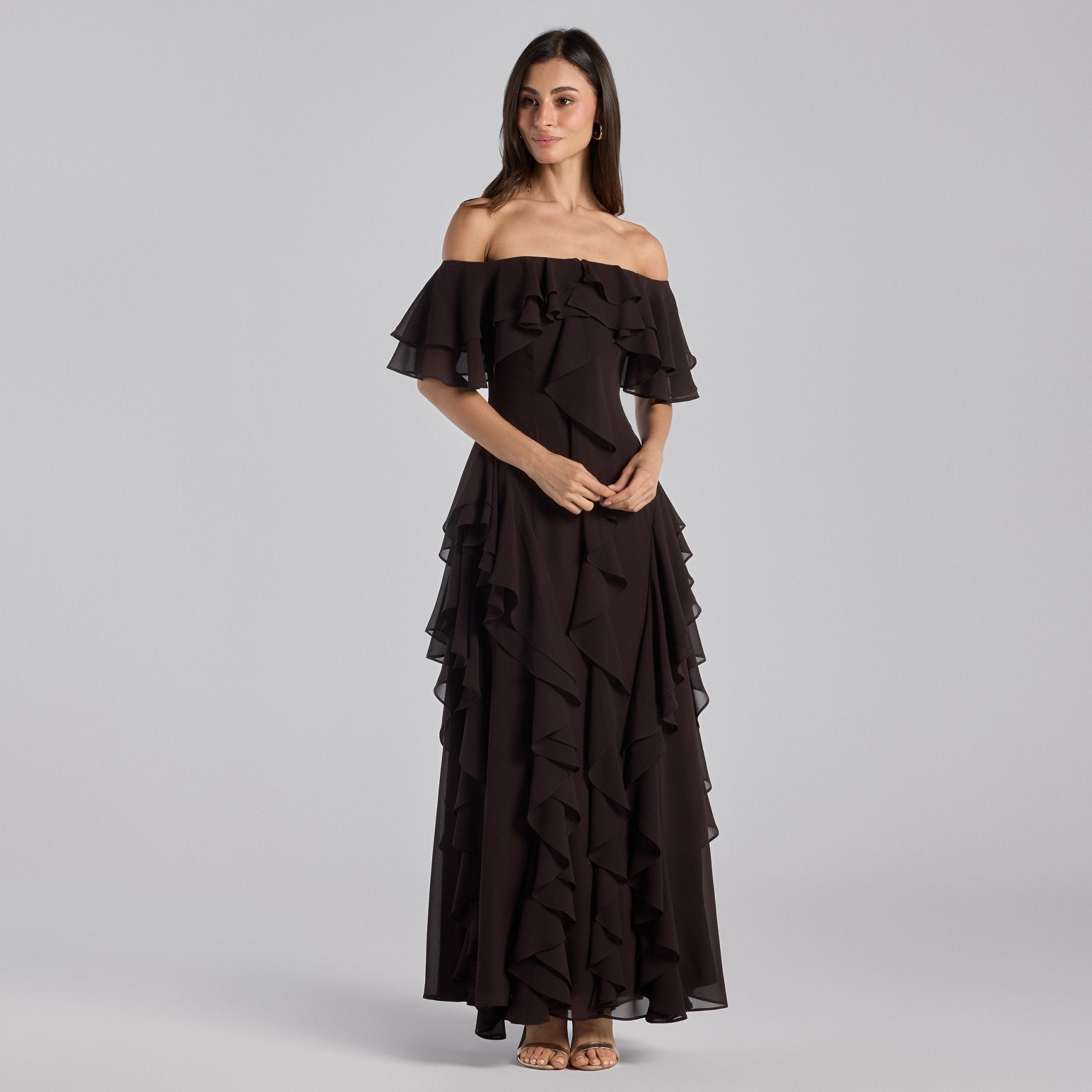 Dark Brown Off Shoulder Velvet Maxi Dress With Ruffles - shopaleena
