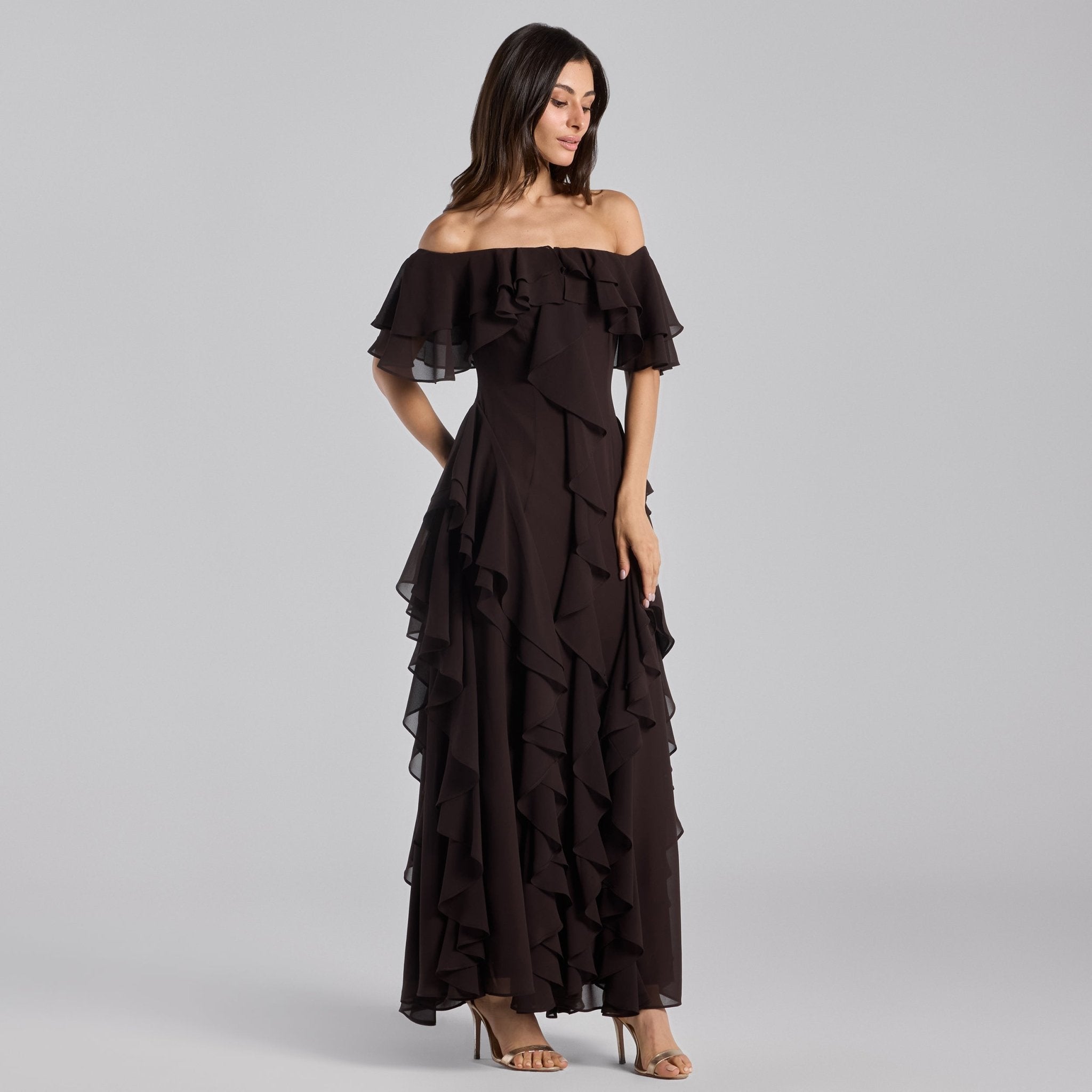 Dark Brown Off Shoulder Velvet Maxi Dress With Ruffles - shopaleena