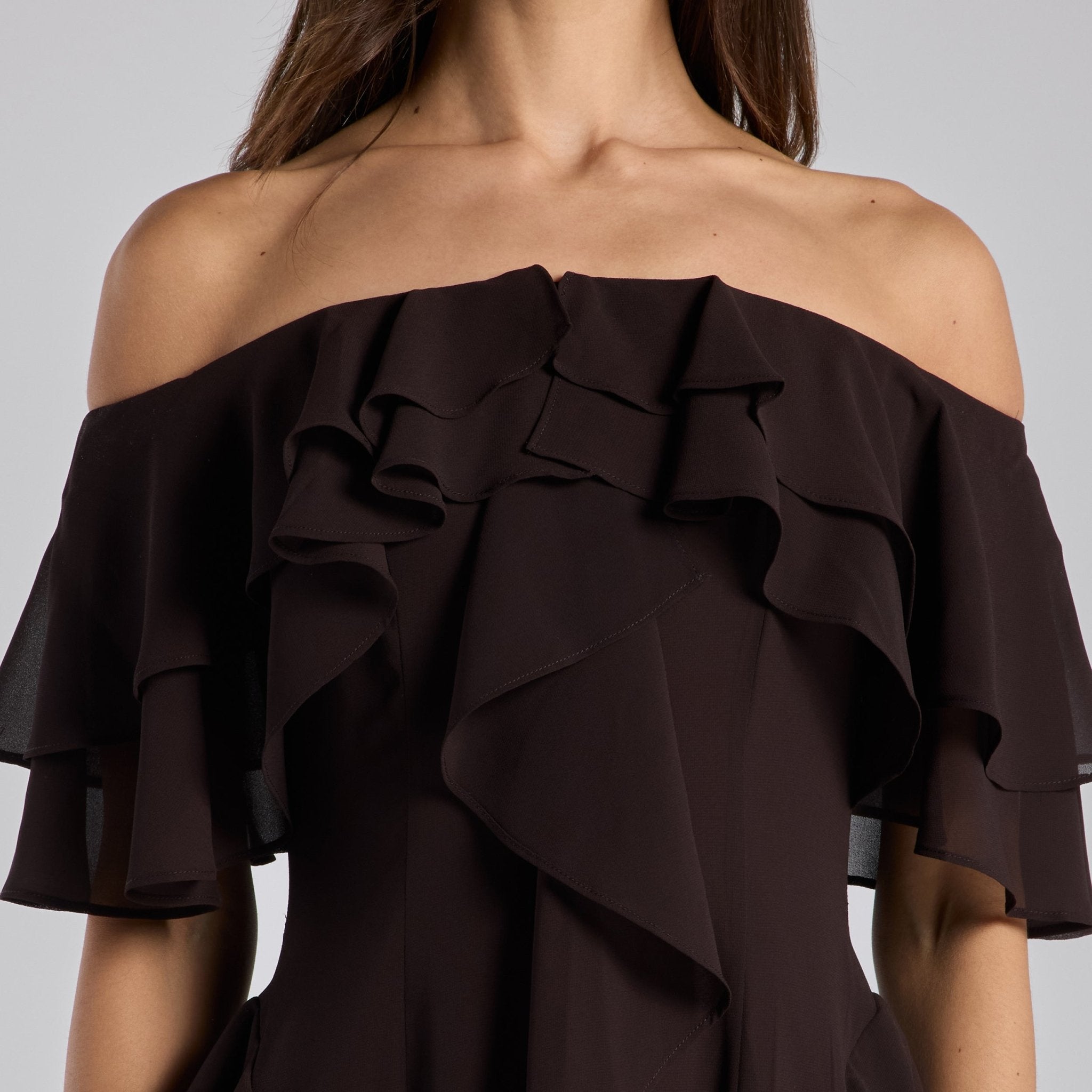 Dark Brown Off Shoulder Velvet Maxi Dress With Ruffles - shopaleena