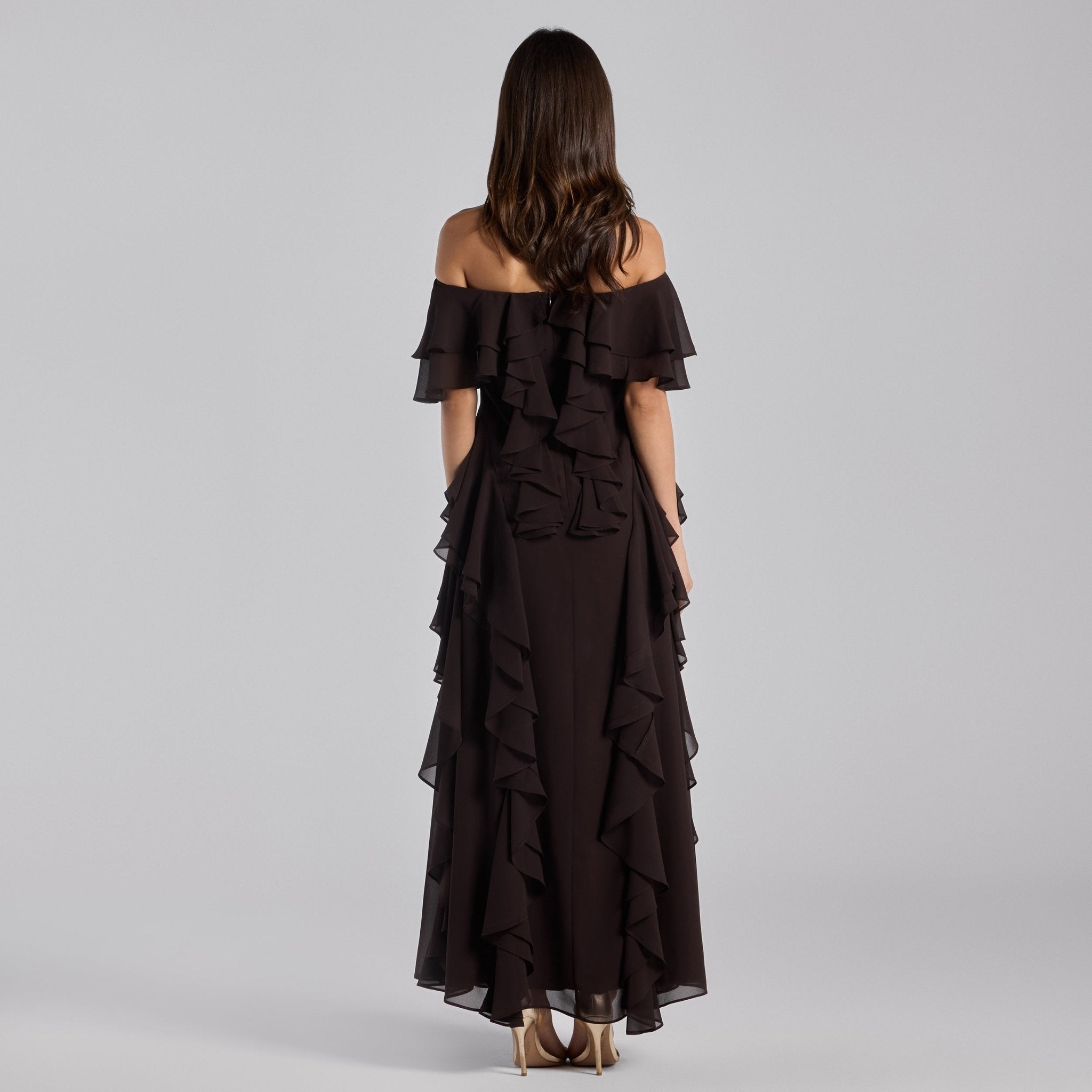 Dark Brown Off Shoulder Velvet Maxi Dress With Ruffles - shopaleena