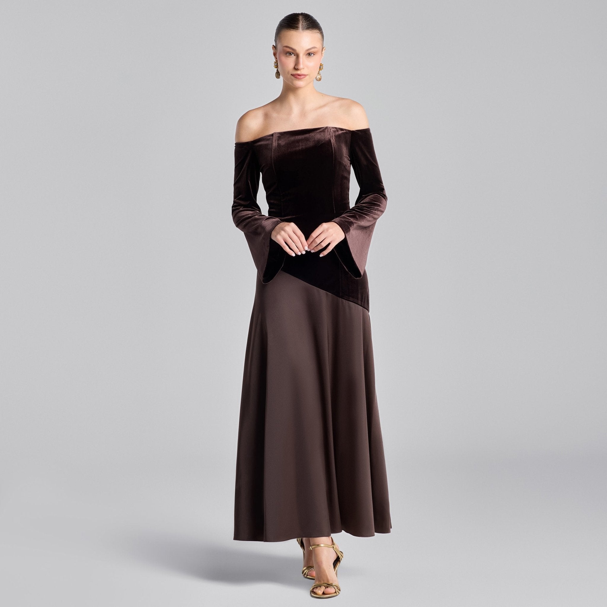 Dark Brown Off - Shoulder Velvet & Satin Balloon Sleeve Dress - shopaleena