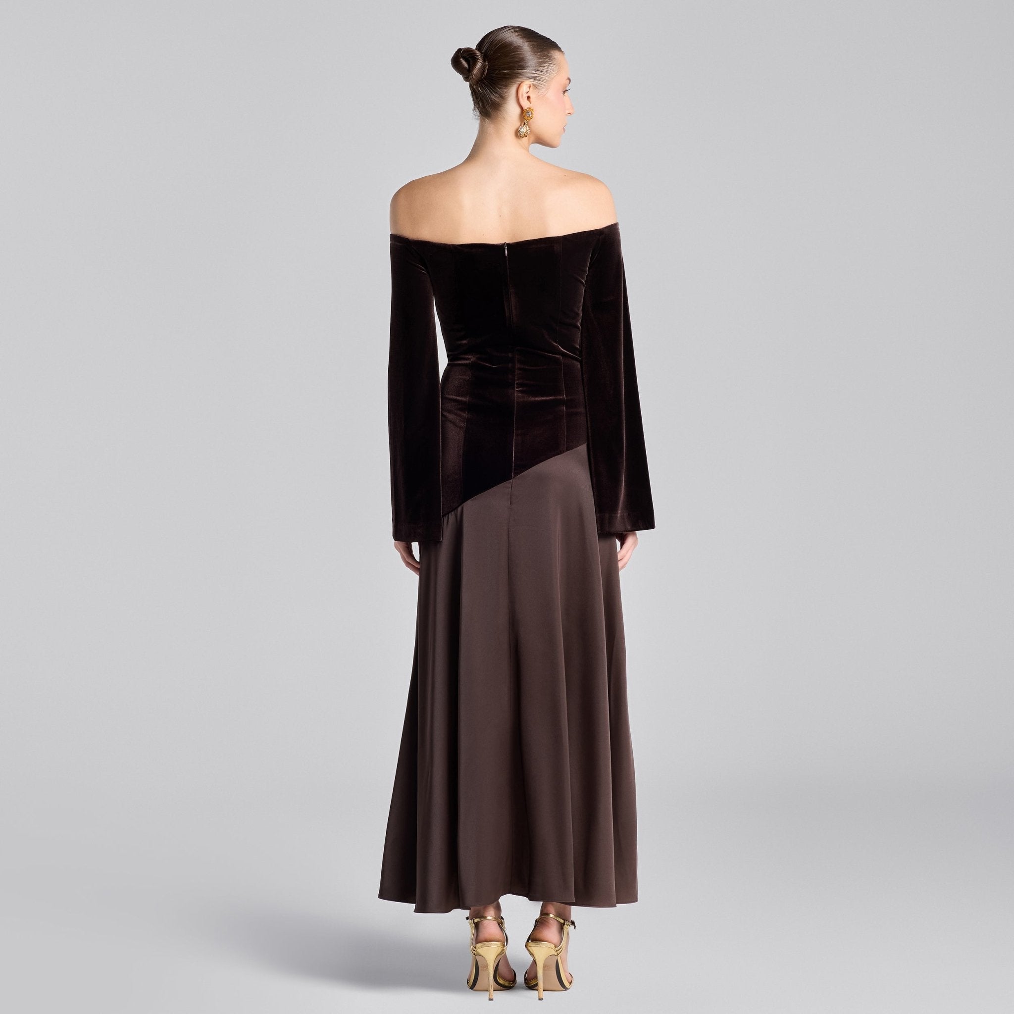 Dark Brown Off - Shoulder Velvet & Satin Balloon Sleeve Dress - shopaleena
