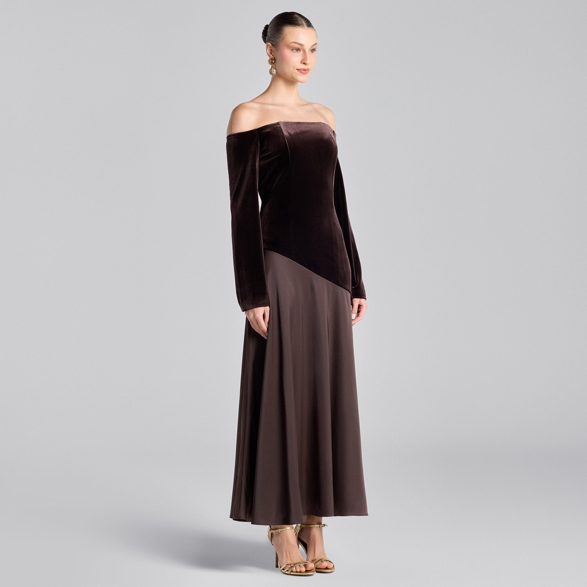 Dark Brown Off - Shoulder Velvet & Satin Balloon Sleeve Dress - shopaleena