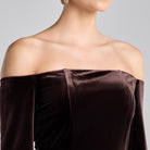 Dark Brown Off - Shoulder Velvet & Satin Balloon Sleeve Dress - shopaleena