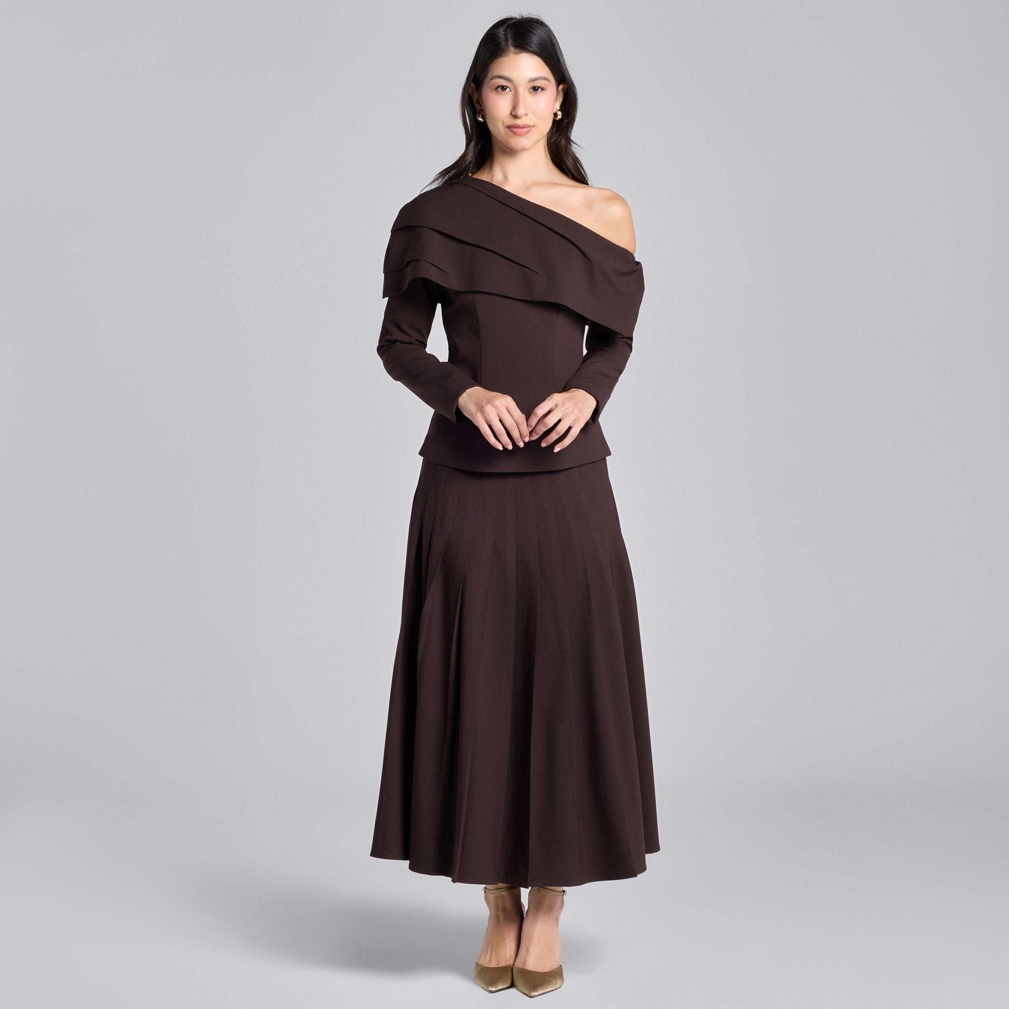 Dark Brown Pleated Crepe Maxi Skirt - shopaleena