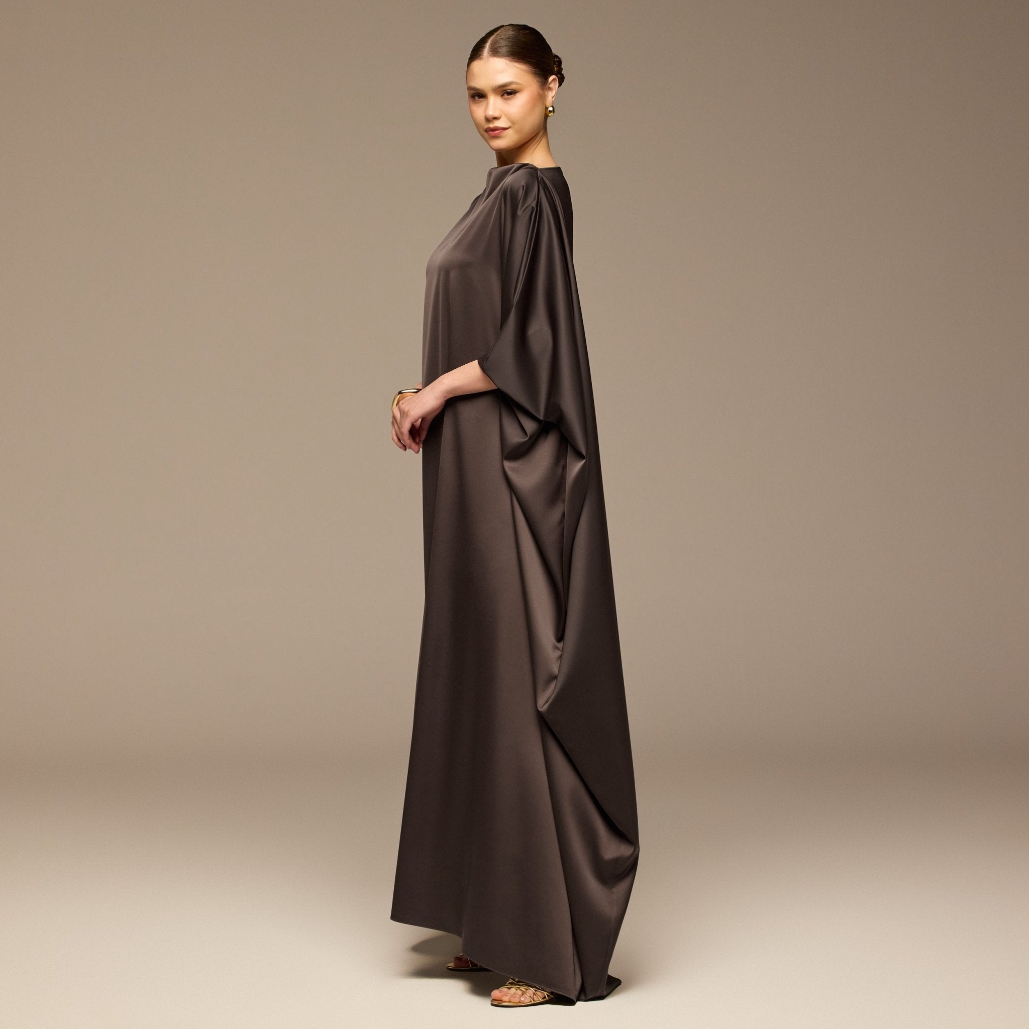 Dark Brown Satin Cape Drape Kaftan - shopaleena