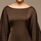 Dark Brown Satin Flowy Maxi Dress - shopaleena