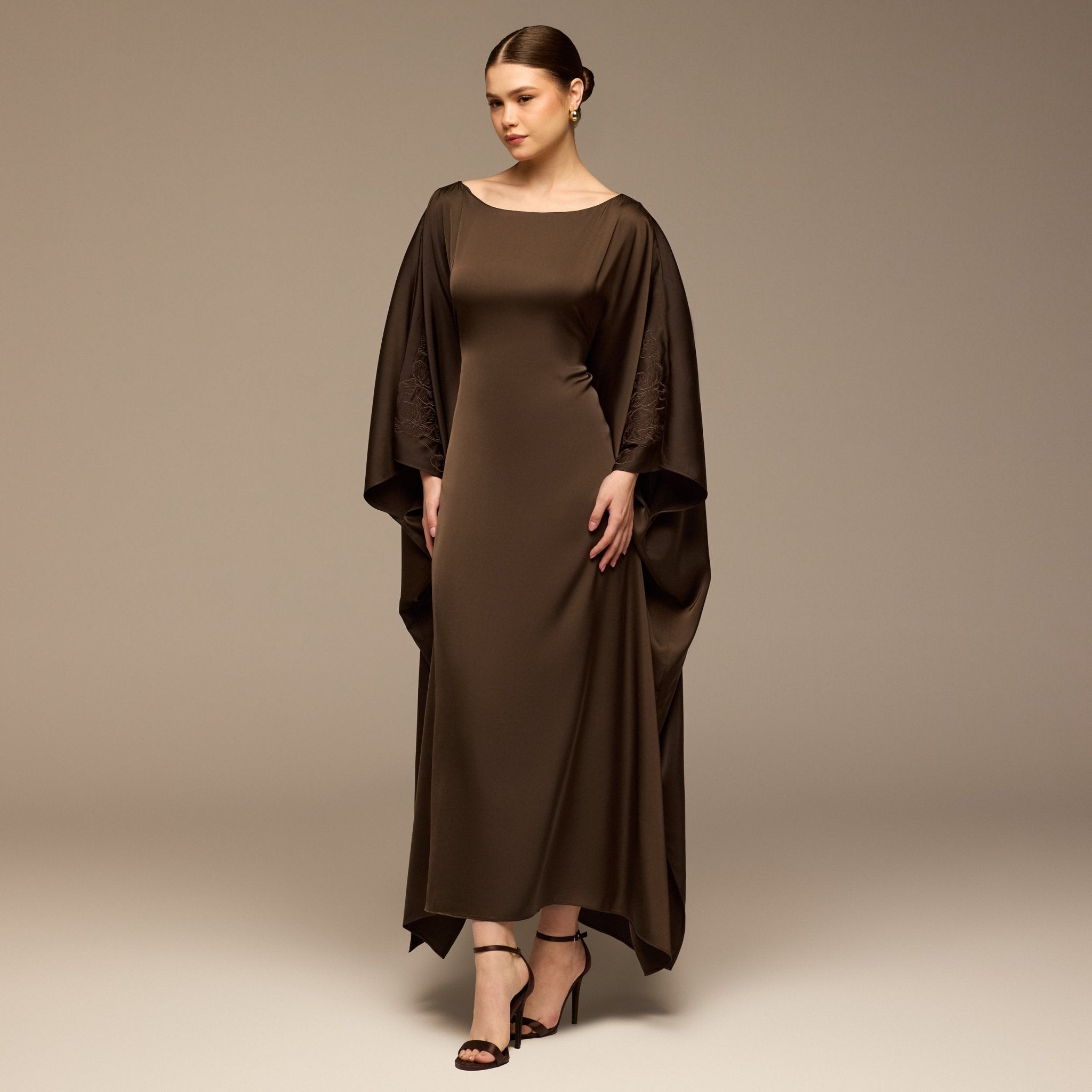 Dark Brown Satin Flowy Maxi Dress - shopaleena