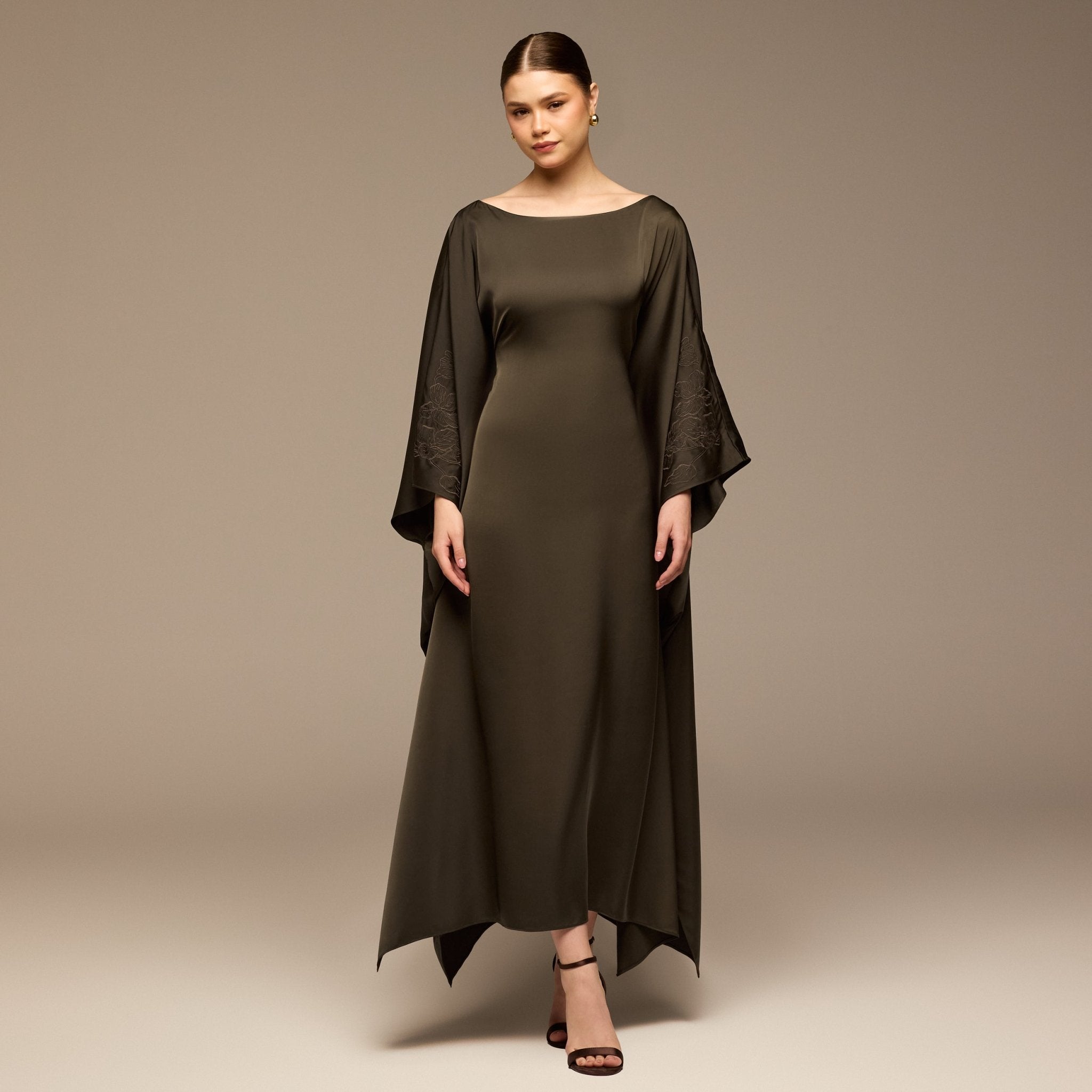 Dark Brown Satin Flowy Maxi Dress - shopaleena