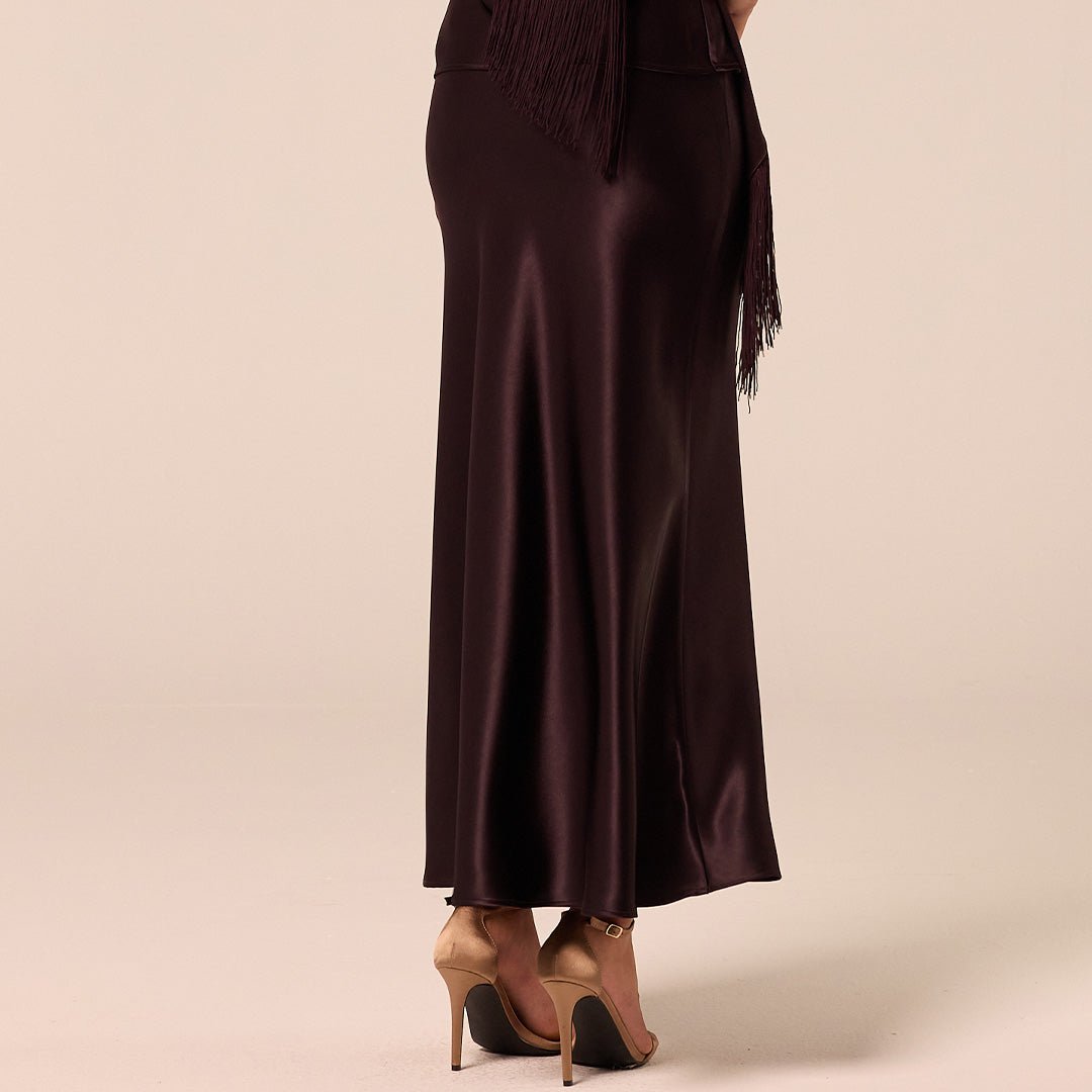 Dark Brown Satin Maxi Skirt - shopaleena