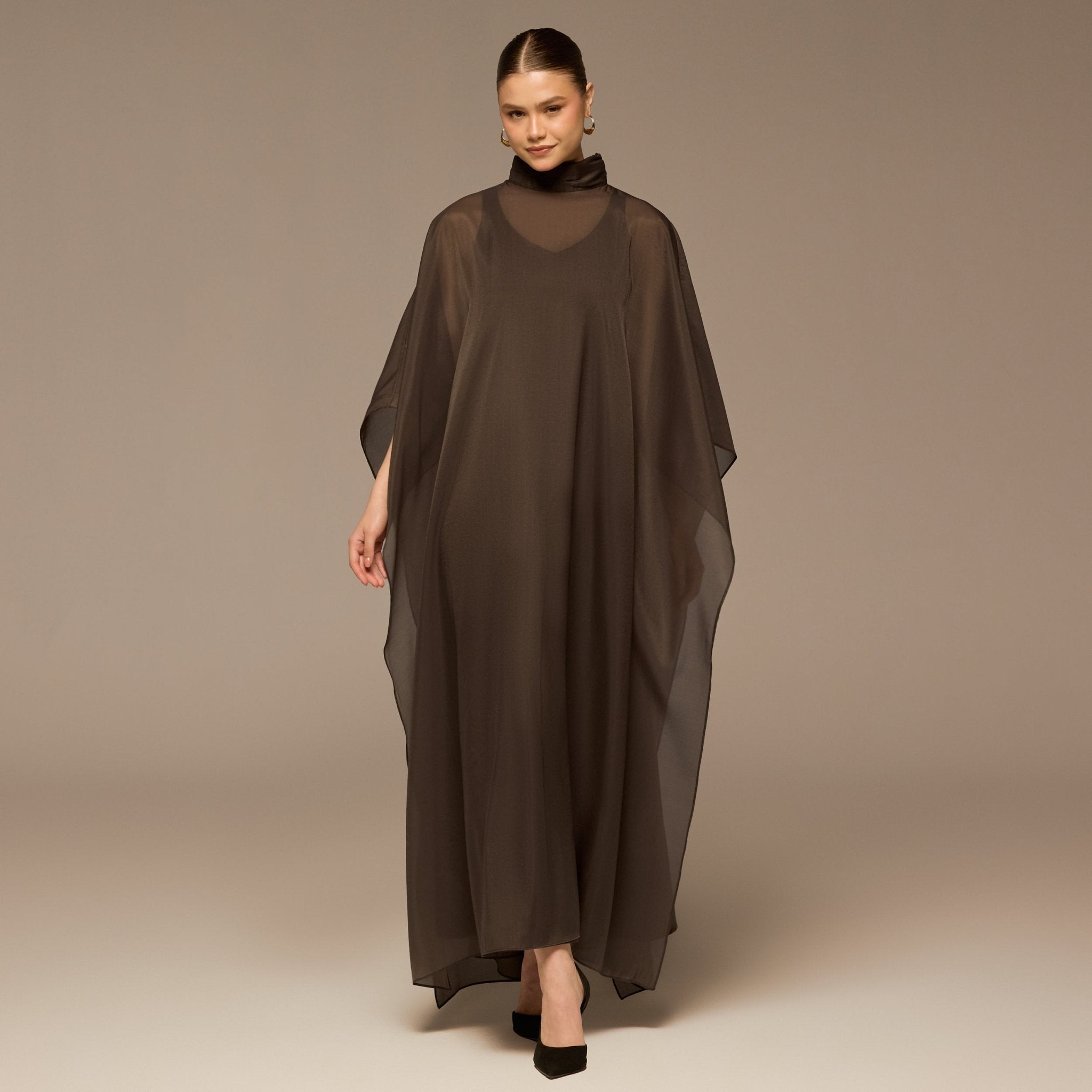 Dark Brown Satin Organza High - Neck Cape - shopaleena